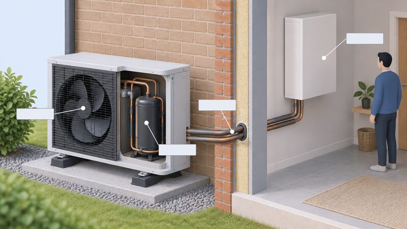 A cutaway view of an air source heat pump's outdoor unit on an outside wall, revealing the fan at the front and the compressor inside, with refrigerant pipes running through the wall to an indoor unit, each part indicated by plain leader lines to blank label blocks.