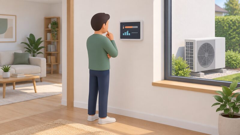A householder standing indoors beside a wall-mounted heat pump controller, looking at its screen showing flow temperature and energy use as plain blocks and lines, with the outdoor unit visible through a nearby window.