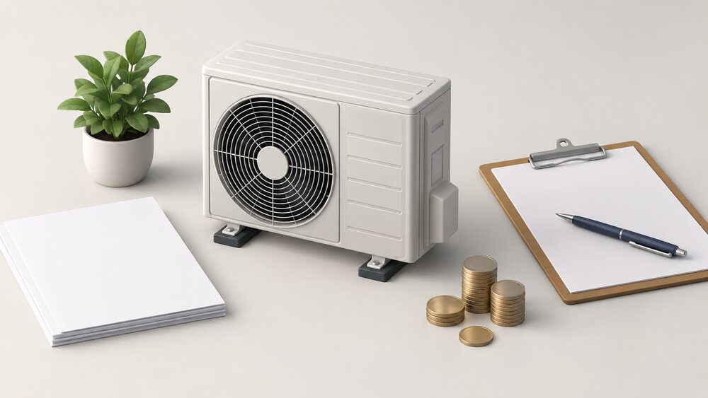 A small model of an air source heat pump outdoor fan unit stands on a table beside blank paperwork, a clipboard with a pen, and a few coins, suggesting a monitored installation being assessed.