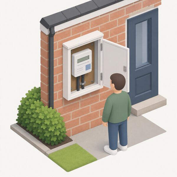 A domestic electricity meter in its meter cupboard on an outside wall of a UK home, drawn as a physical object with its display shown only as blank lines and plain colour blocks, with a simplified figure of a householder looking at it.