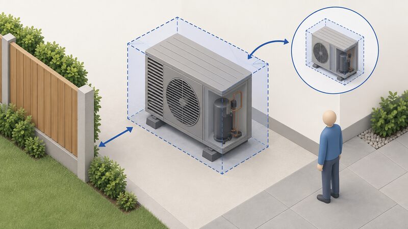 An isometric diagram of an outdoor heat pump unit with its housing enclosed in a dashed three-dimensional volume envelope, drawn beside a garden boundary line with a simple distance marker between the unit and the boundary, and a small arrow indicating the envelope measures the whole housed unit rather than the compressor inside.