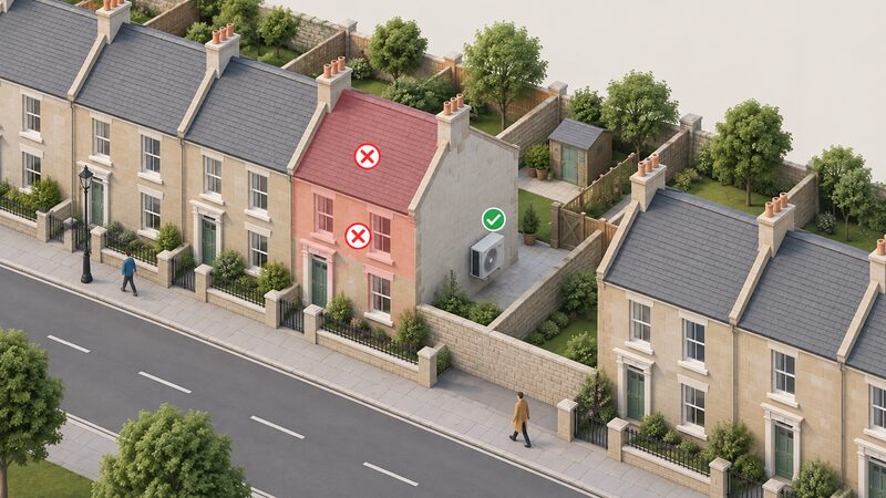 An isometric view of a terraced street in a conservation area, with one house showing an air source heat pump outdoor unit correctly sited on a rear or side wall away from the highway, while the highway-facing front wall and roof slope are marked as closed to the unit.