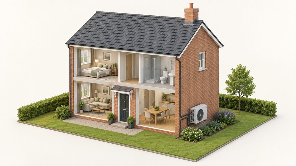 A detached brick house seen from outside with one monobloc air source heat pump outdoor unit mounted on the ground-floor level of a side external wall, standing clear of the pitched roof, with its pipework entering the wall and a small garden around it.