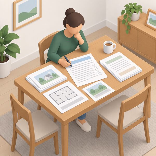 A householder's table in a home with a planning application form and supporting papers laid out, shown as physical documents with blank lines and plain blocks, beside a pen, representing the application a household submits before a heat pump installation.
