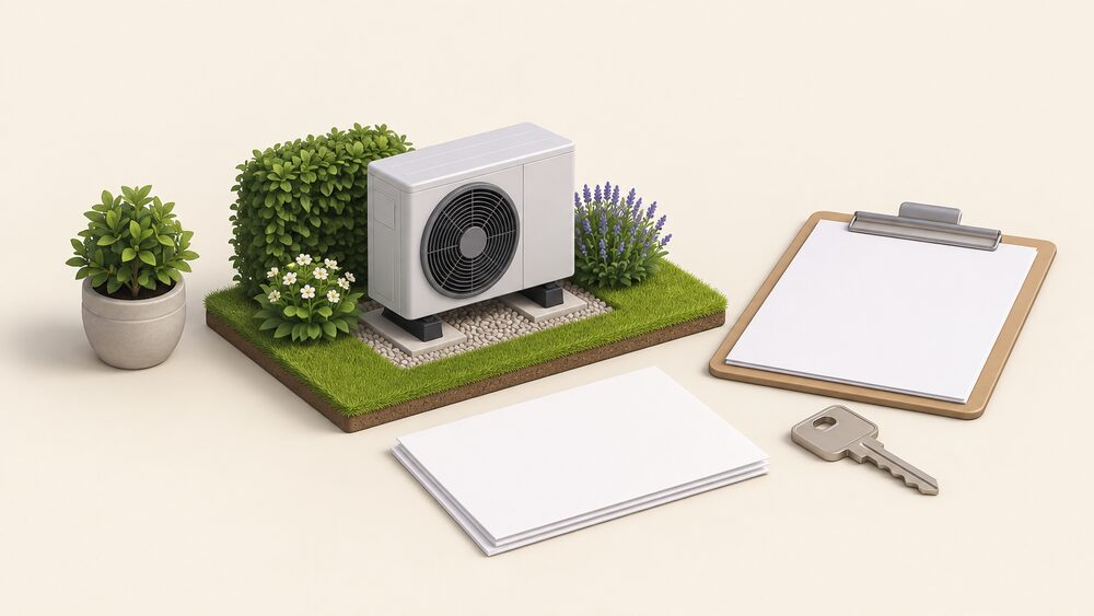 A small model of an outdoor air source heat pump fan unit stands on a garden-plot base beside blank planning paperwork, a clipboard and a house key, representing a permitted development within a home's grounds.