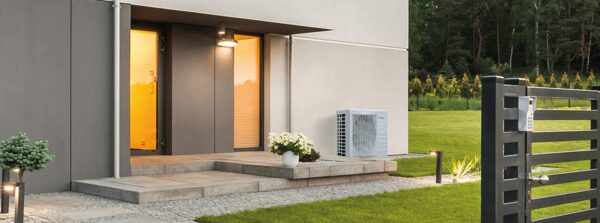 An air source heat pump unit installed outside a modern house with a lit entrance and garden