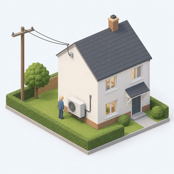 An isometric view of a house with an air source heat pump unit on an outside wall, connected by a cable into the building and linked to the electricity grid through an overhead supply line running to the dwelling, with a small simplified figure standing beside the unit.