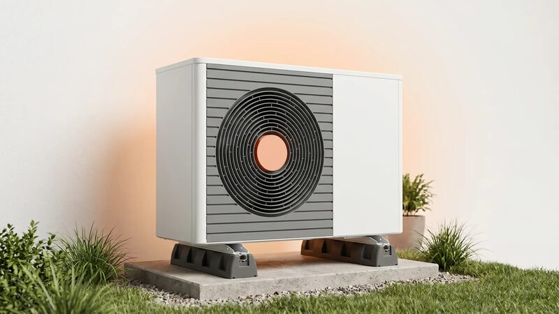 An air source heat pump unit mounted on a concrete plinth outside a house wall with grass and plants around it