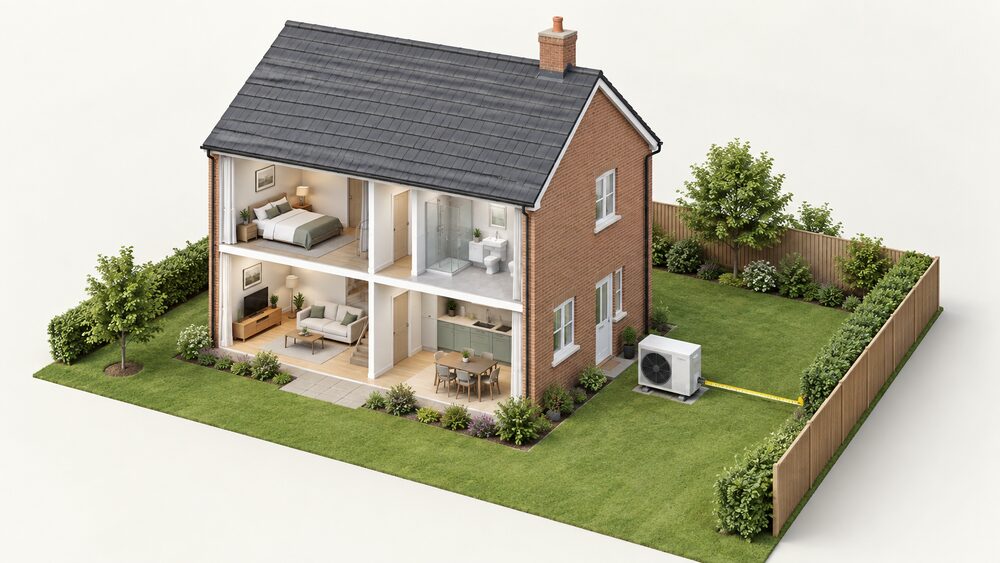 A detached house seen from outside with a single air source heat pump fan unit standing on the ground in the garden, set clearly back from the neighbouring property boundary, with a tape measure laid along the ground between the unit and the boundary fence.