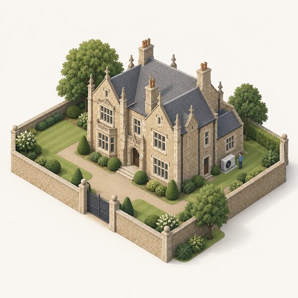 A historic stone listed building with ornate features set in its walled grounds, with a small isometric figure standing beside an air source heat pump unit on the ground near the rear wall, indicating that within such curtilage permitted development does not apply and planning permission may be needed.