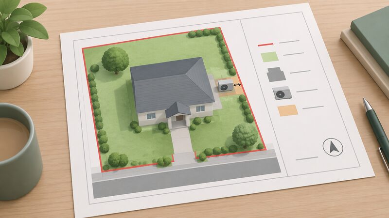 A printed site plan sheet lying on a table, drawn as a physical document, showing a simplified plot with the house outline, a small heat pump unit beside it, the boundary line around the plot and a narrow plain band marking the one-metre clearance between the unit and the boundary.