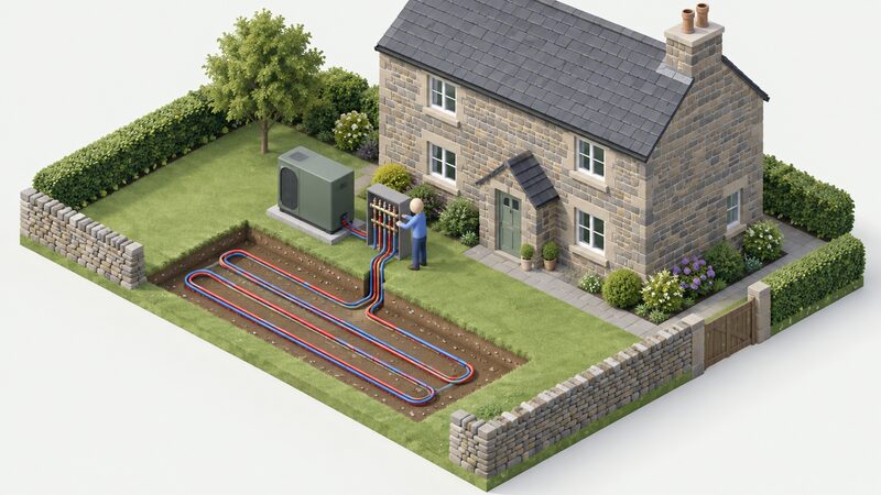 A small ground source heat pump unit with its manifold and buried loop pipework standing on grass beside a Welsh stone-built house, all within the garden curtilage, with a simplified isometric figure inspecting the pipework connections at the manifold.