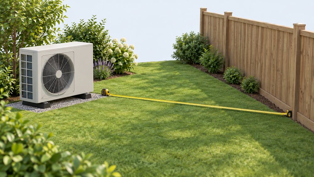 A single outdoor air source heat pump fan unit standing on level ground in a garden, placed well back from a closeboard wooden boundary fence, with a long tape measure stretched across the grass between the unit and the fence showing the siting distance.