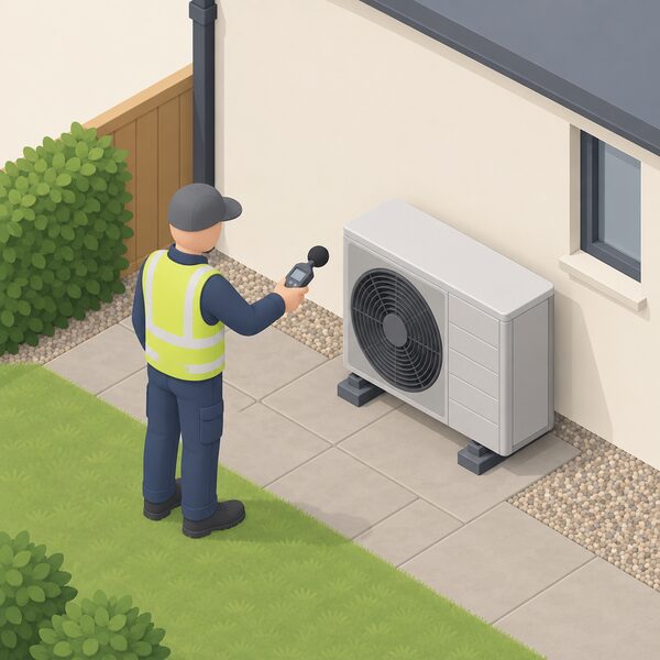 An installer stands outdoors beside an air source heat pump's outdoor fan unit, holding a sound level meter towards it to carry out the sound assessment that MCS 020 a) requires before installation.