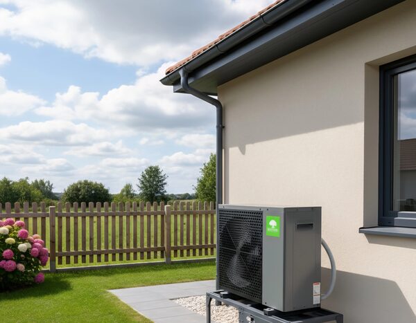A grey air source heat pump unit installed on a stand outside a beige house wall in a garden with a wooden fence