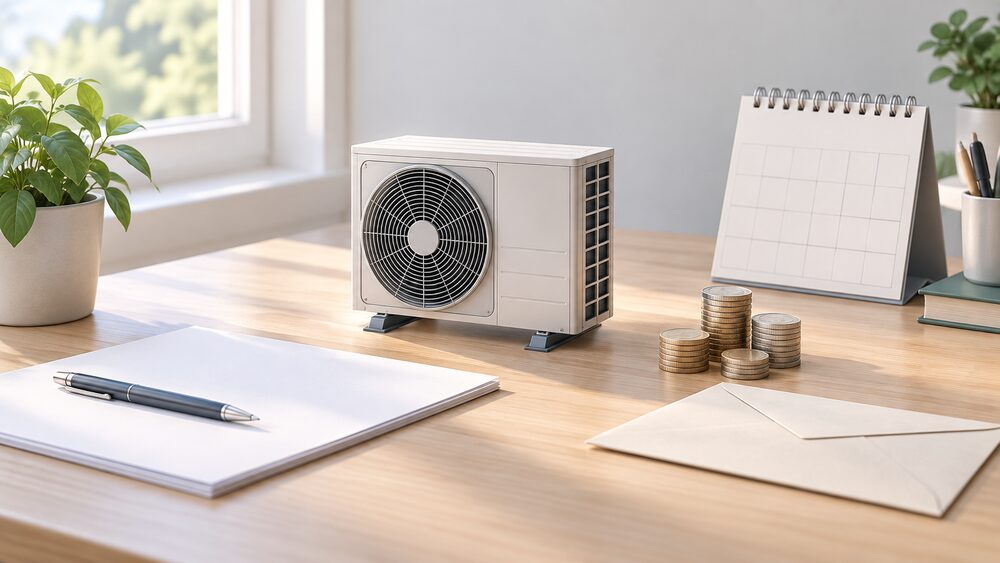 A small model of an air source heat pump outdoor fan unit stands on a desk beside blank official paperwork, a sealed envelope, a small stack of coins and a plain calendar, all lit by soft daylight from a window.