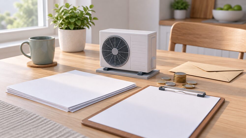 A small model of an air source heat pump unit stands on a kitchen table beside blank application-style paperwork, a clipboard with a blank sheet, a few coins and a plain envelope, all lit by soft daylight from a nearby window.