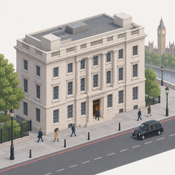 A plain stone government office building on a London street, drawn as an everyday scene with a pavement, a few simplified isometric pedestrians walking past and a person entering through the main doorway, with no signage or lettering on the facade.