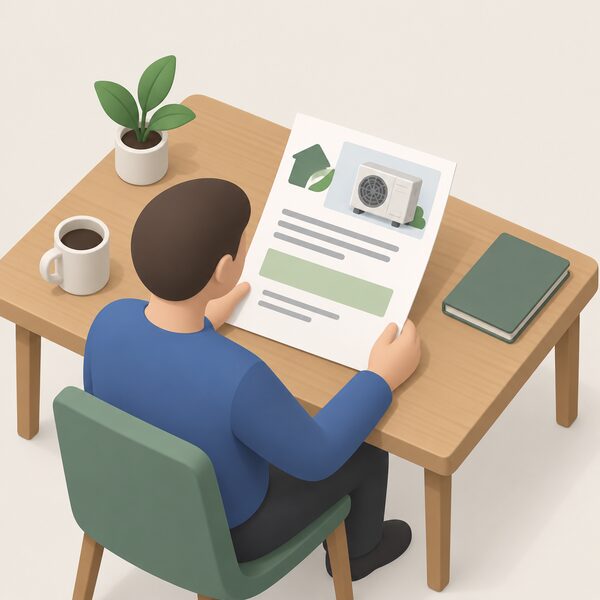 A simple paper grant award letter lying on a plain desk, shown as a physical document with blank lines and plain colour blocks where the award details would appear, beside a small simplified isometric figure of a person reading it.
