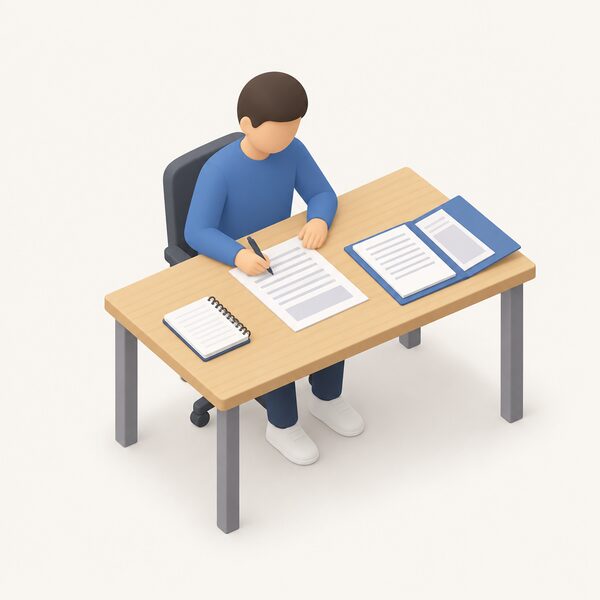 A simplified isometric figure sits at an ordinary desk in an office, writing on a printed application form laid out with a pen, a notepad and an open folder of papers, shown as a plain everyday scene of preparing a funding application.