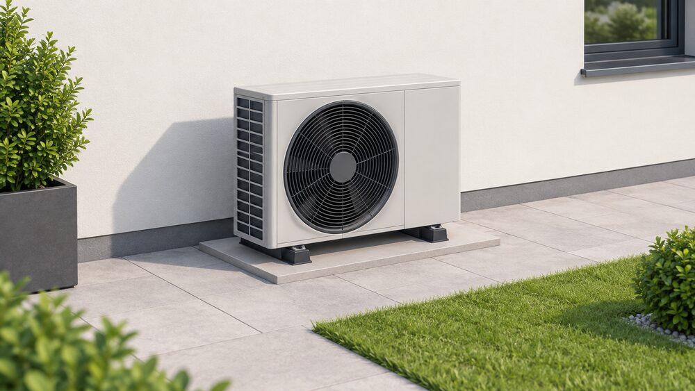 A close-up of a single outdoor monobloc heat pump fan unit standing on the ground against an external house wall, with a clear empty space around it showing the manufacturer's safety clearance, and no pipework entering the building.