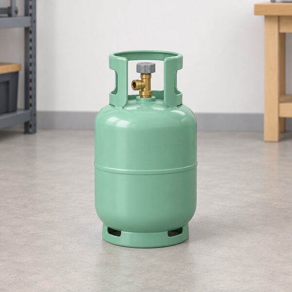 A plain unlabelled refrigerant cylinder of the type used to charge heat pump circuits, standing upright on a workshop floor with its valve and cap visible and no markings of any kind.