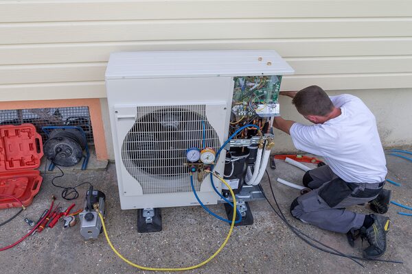 A technician servicing an air source heat pump unit outside a house, with gauges and tools around it
