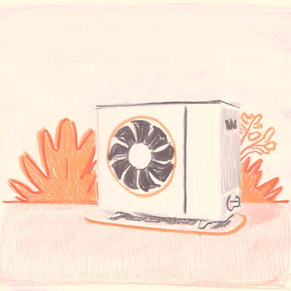 An illustration of an outdoor heat pump unit with a fan, surrounded by orange foliage