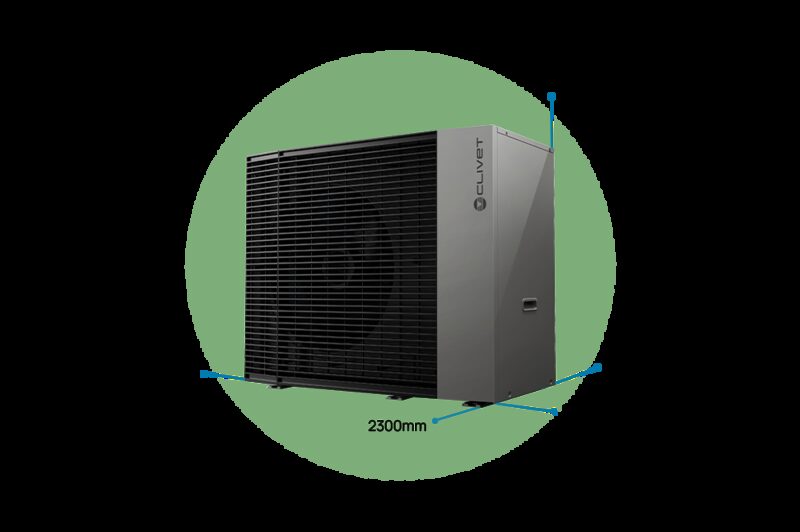 A Clivet EDGE PRO air/water heat pump monoblock unit shown with clearance distance annotations around it