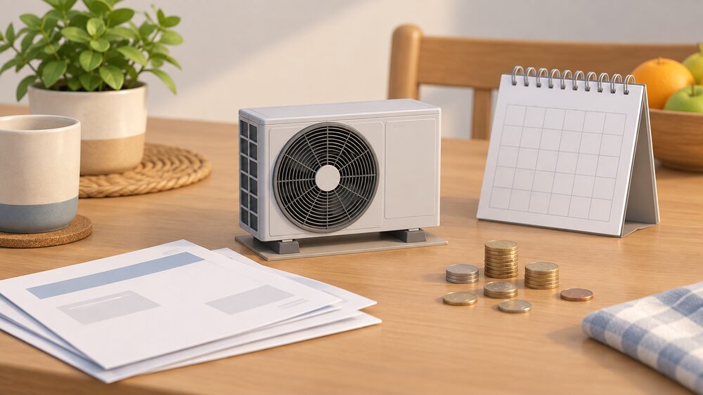 A small model of an air source heat pump outdoor fan unit stands on a kitchen table beside blank electricity bills, a scatter of coins and a wall calendar, suggesting a household weighing up annual heating running costs.