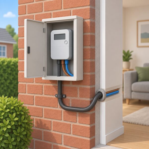 A domestic electricity meter in its cabinet mounted on the outside brick wall of a house, with the incoming supply cable and meter tails running from it through the wall into the home, showing the metered supply the price cap charges for each unit.