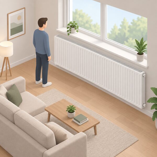 A large low-panel radiator mounted on a living room wall beneath a window, drawn noticeably taller and wider than a standard radiator, with an isometric figure standing beside it for scale, in a simply furnished room with a sofa.