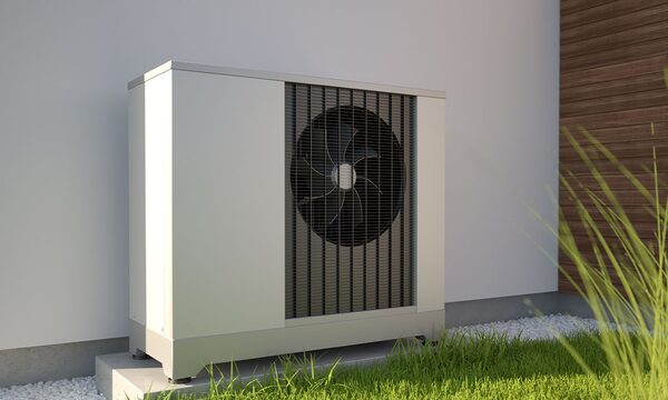 An air source heat pump unit installed outside a house on a concrete base beside a wall