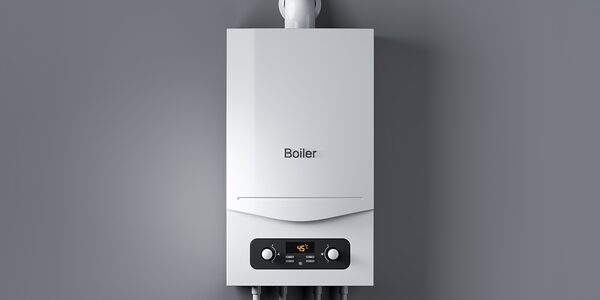 A white wall-mounted gas combi boiler with a control panel and display, labelled 'Boiler', on a grey wall