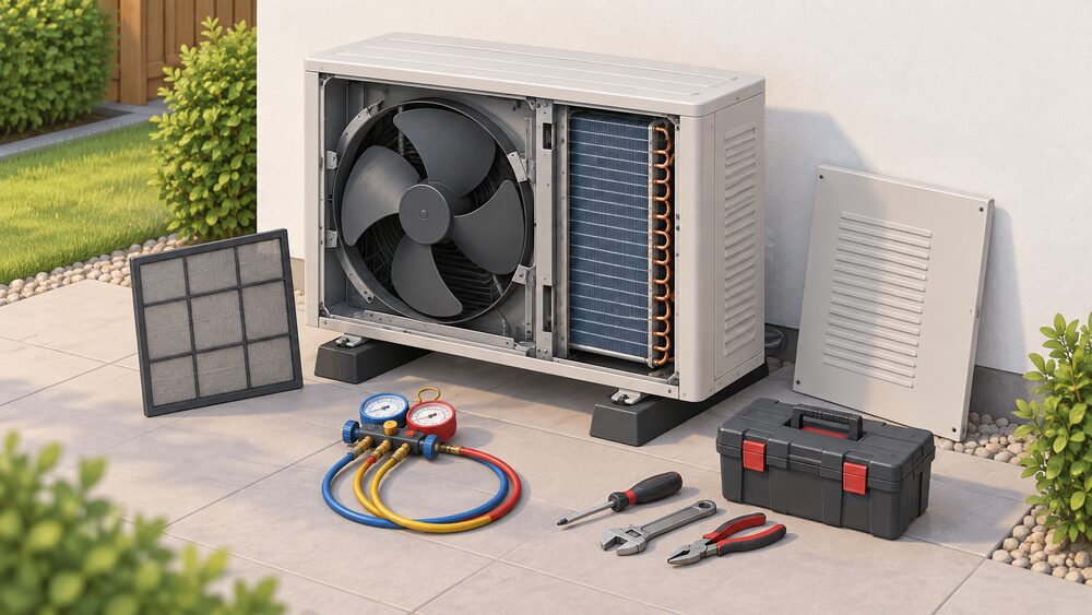 A close-up of an outdoor air source heat pump unit with its access panel removed, showing the coil and fan blades being cleaned, a filter laid out beside it, and an engineer's toolkit and pressure gauge on the ground nearby.