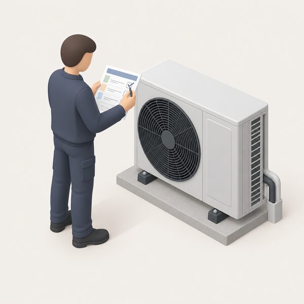 A competent heat pump engineer in plain work clothing stands beside an outdoor heat pump unit, holding its paper service record sheet and ticking a blank line with a pen, the document showing only blank lines and plain colour bands with no readable words or numbers.
