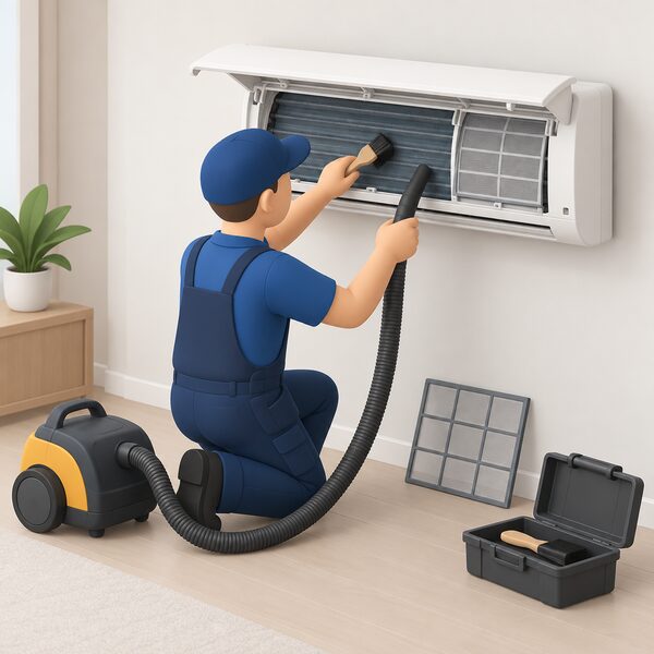 A simplified technician kneeling beside a wall-mounted heat pump indoor unit with its front cover open, brushing and vacuuming dust from the coil and sliding out the filter, with a vacuum hose and tool case on the floor of a plain domestic room.