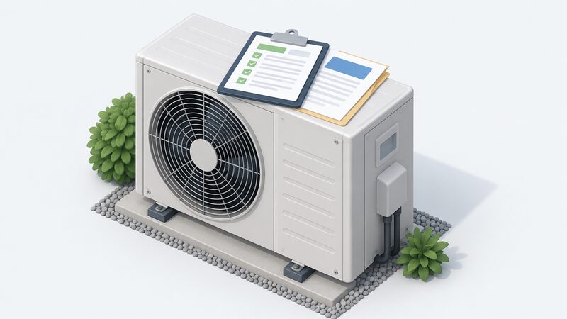 A service engineer's clipboard resting on a heat pump's outdoor unit, holding a completed service record sheet and warranty document pages, all contents shown only as blank lines and plain colour blocks.