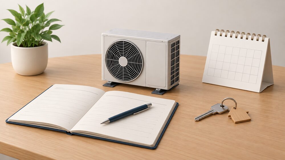 A small model of an outdoor air source heat pump fan unit stands on a table beside an open blank service record booklet with a pen resting on it, a paper calendar and a house key, showing the annual service that keeps the warranty alive.