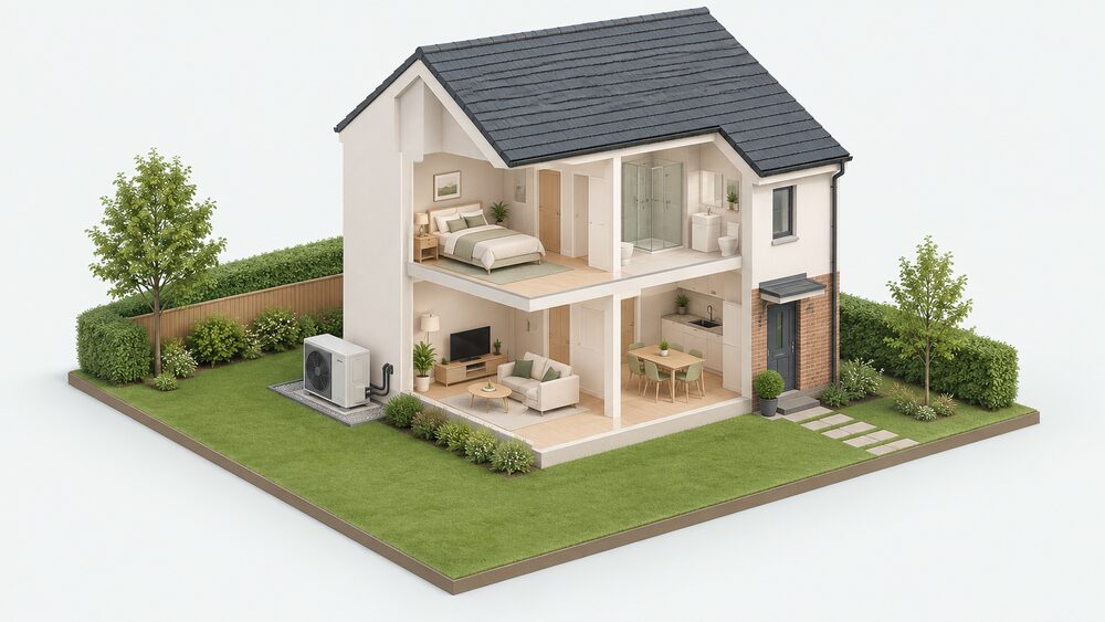 An exterior view of a house with an air source heat pump outdoor unit standing on a ground pad beside the external wall, set back from the neighbouring boundary with clear space around it for airflow, and a pipe passing through the wall to the house.