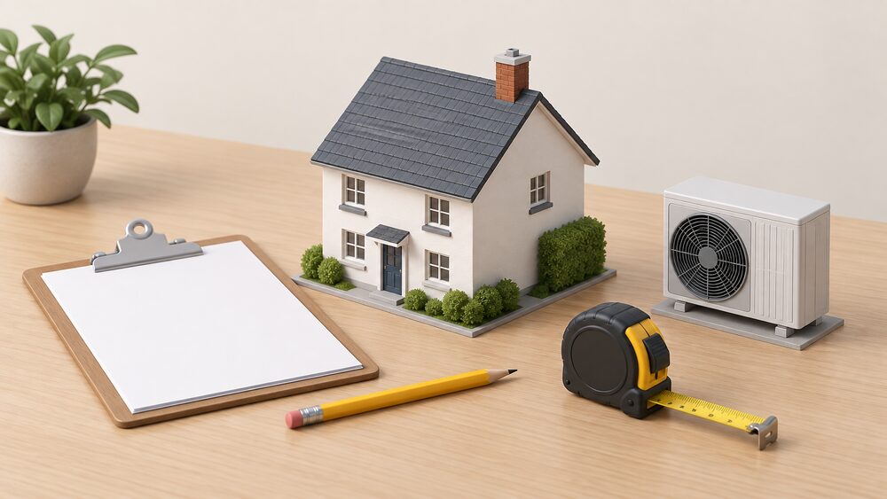 A small model house sits on a table beside a clipboard holding blank survey sheets, a tape measure, a pencil and a small model of an air source heat pump outdoor fan unit, showing the moment a room-by-room heat loss survey decides the right size of heat pump.