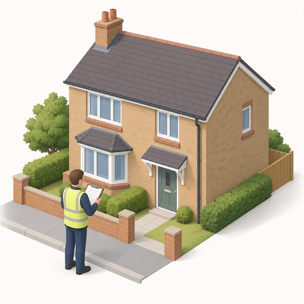 An assessor standing outside an existing house with a clipboard, surveying the property for an RdSAP assessment, noting the building's construction, glazing and heating features as part of producing its EPC.