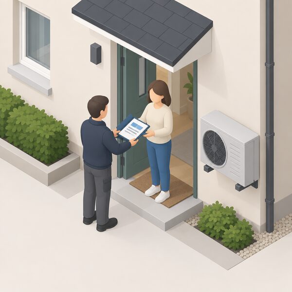 An installer in plain clothing stands at a home's front door handing a folder of handover documents to a householder, with an outdoor heat pump unit visible on the wall beside them and the papers shown with blank lines and plain blocks only.