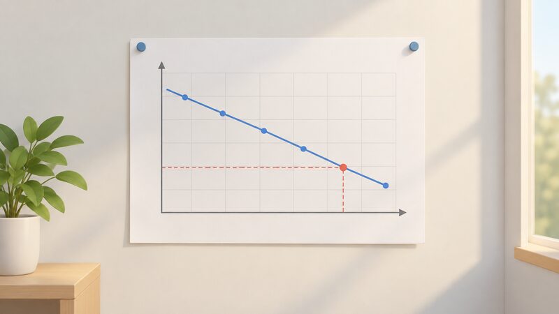 A printed chart sheet pinned on a wall showing a downward-sloping line of heat pump output against falling outdoor temperature, with a plain marked point at the design condition where the line meets the required output level.
