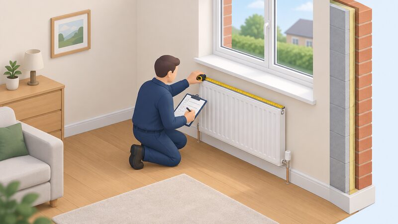 An installer in a domestic room kneels beside an existing radiator with a tape measure extended along its width, recording measurements on a clipboard survey sheet, with an external wall and window behind showing the fabric and glazing being assessed.