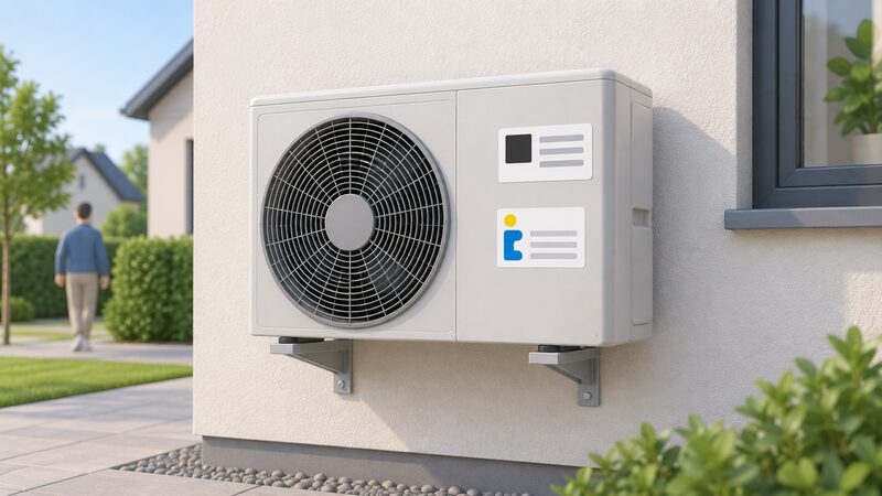 A wall-mounted air source heat pump unit shown close up on an exterior house wall, with two plain certification labels affixed to its casing, one representing MCS product certification and one the Heat Pump Keymark, drawn as physical stickers with simple colour blocks and blank lines.