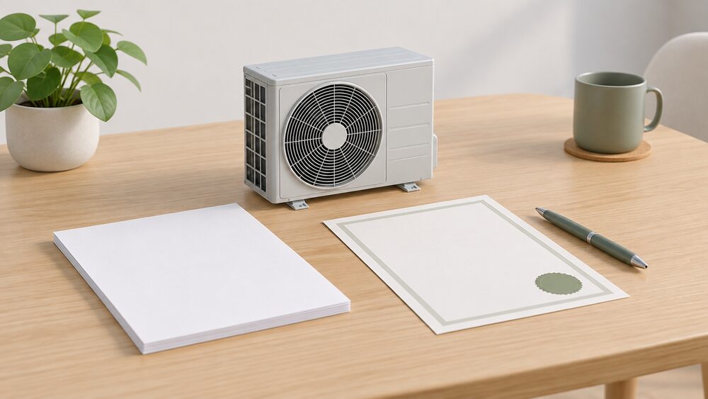 A small model of an air source heat pump outdoor fan unit stands on a table beside blank quotation paperwork, a blank certificate document and a pen, suggesting the moment a household checks certification before signing.