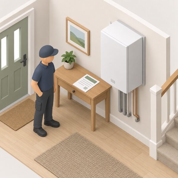 A plain paper MCS certificate lying on a table in a home hallway beside an installed heat pump's indoor unit, with blank lines and plain colour blocks standing in for its content, and a small isometric figure of the installer who has just completed the work standing nearby.