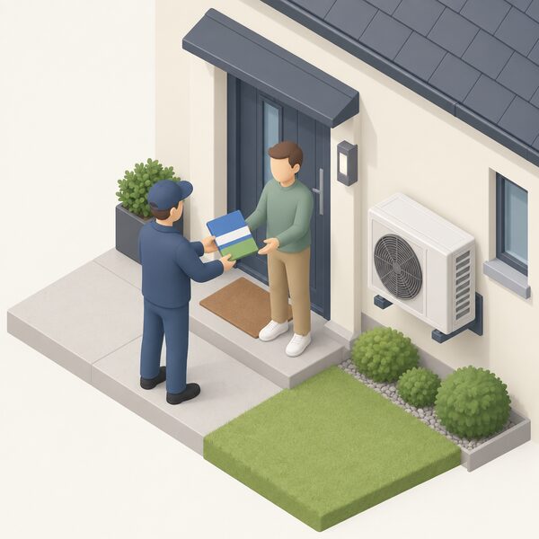 An installer in plain clothing hands a closed folder of handover documentation to a householder at the front door of their home, with an air source heat pump unit visible on the outside wall beside them, the folder's cover shown only as plain colour bands with no readable content.