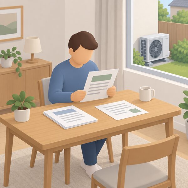 A householder seated at a table at home reading printed certification paperwork about their heat pump installer, with a small heat pump unit visible outside a nearby window, the documents shown with blank lines and plain blocks only.